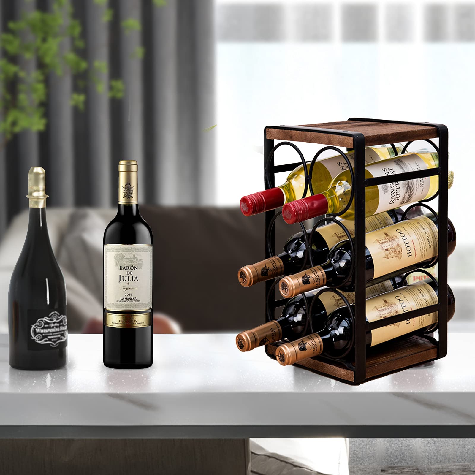 SODUKU Rustic Wood Countertop Wine Rack 6 Bottles No Need Assembly - Opticdeals