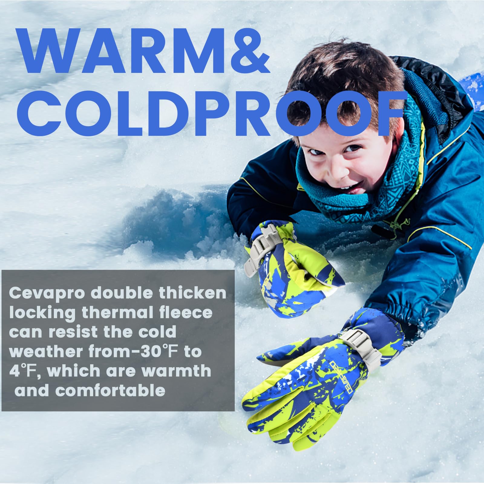 Cevapro -30℉ Ski Gloves Sz M Blue & Yellow  Kids - Opticdeals