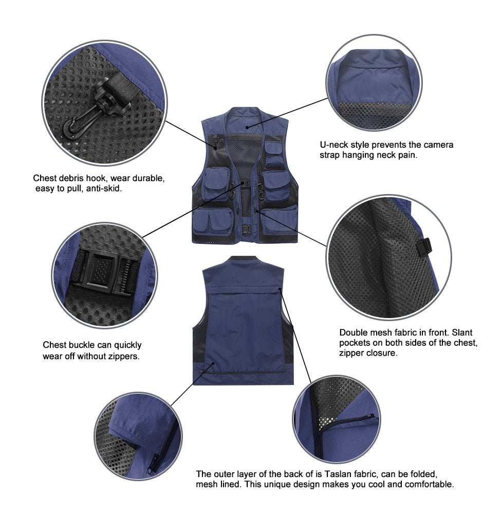 Fishing Vest Sz XXL Multi Pockets Mesh Quick Dry Navy Blue - Opticdeals