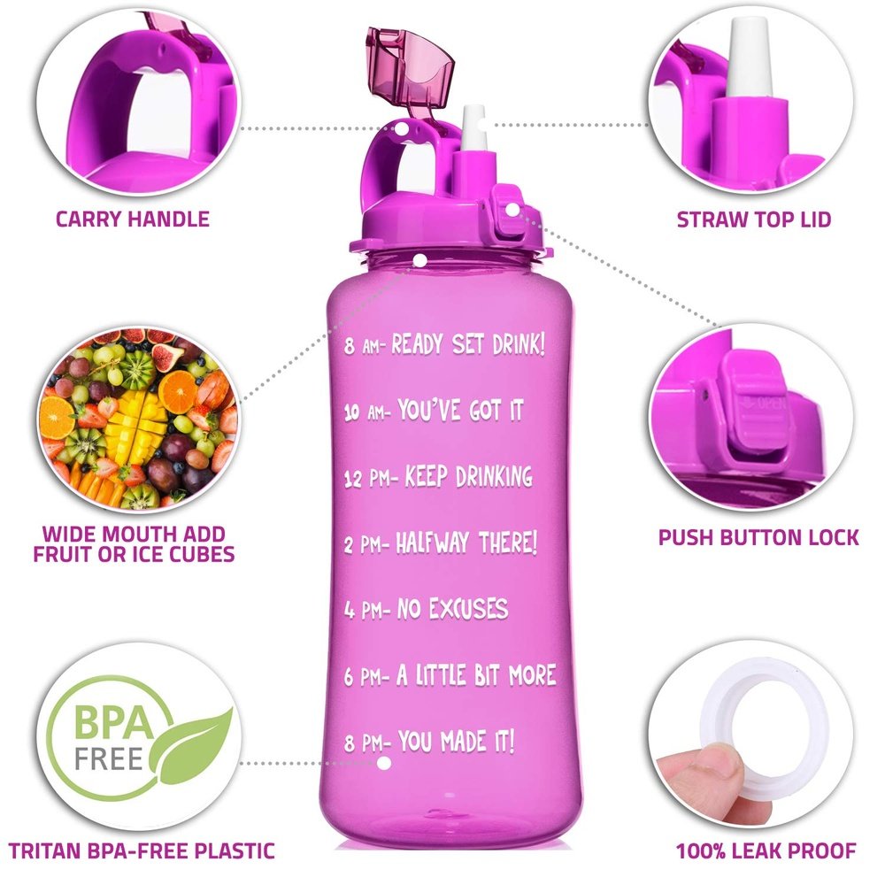 HydroMATE 3 Liter Motivational Water Bottle with Time Marker Large BPA Free Jug with Straw and Handle Reusable Leak Proof Bottle Time Marked Drink More Water Daily Hydro MATE 100 oz (3 Liter Pink) - Opticdeals