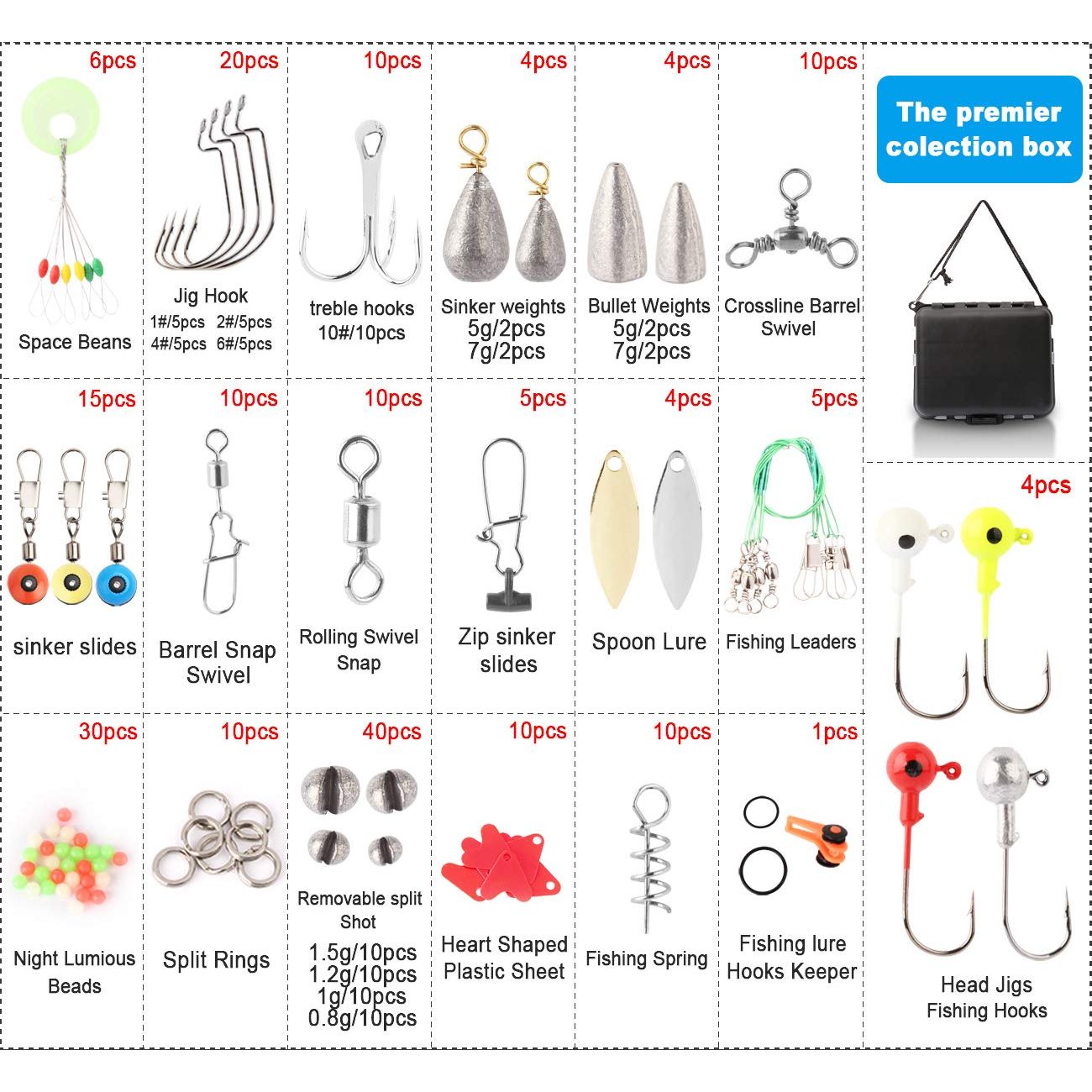 208 pcs Fishing Accessories Kit, Including Jigs Hooks, Treble Hooks, Bullet Sink - Opticdeals