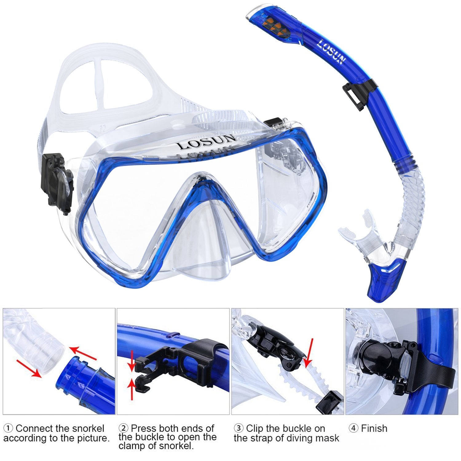 Losun Snorkel Set Anti-Fog & Impact Resistant Tempered Glass Diving Swimming Goggles Mask Dry Snorkel Tube Set for Adult with 2 Mouthpieces - Opticdeals