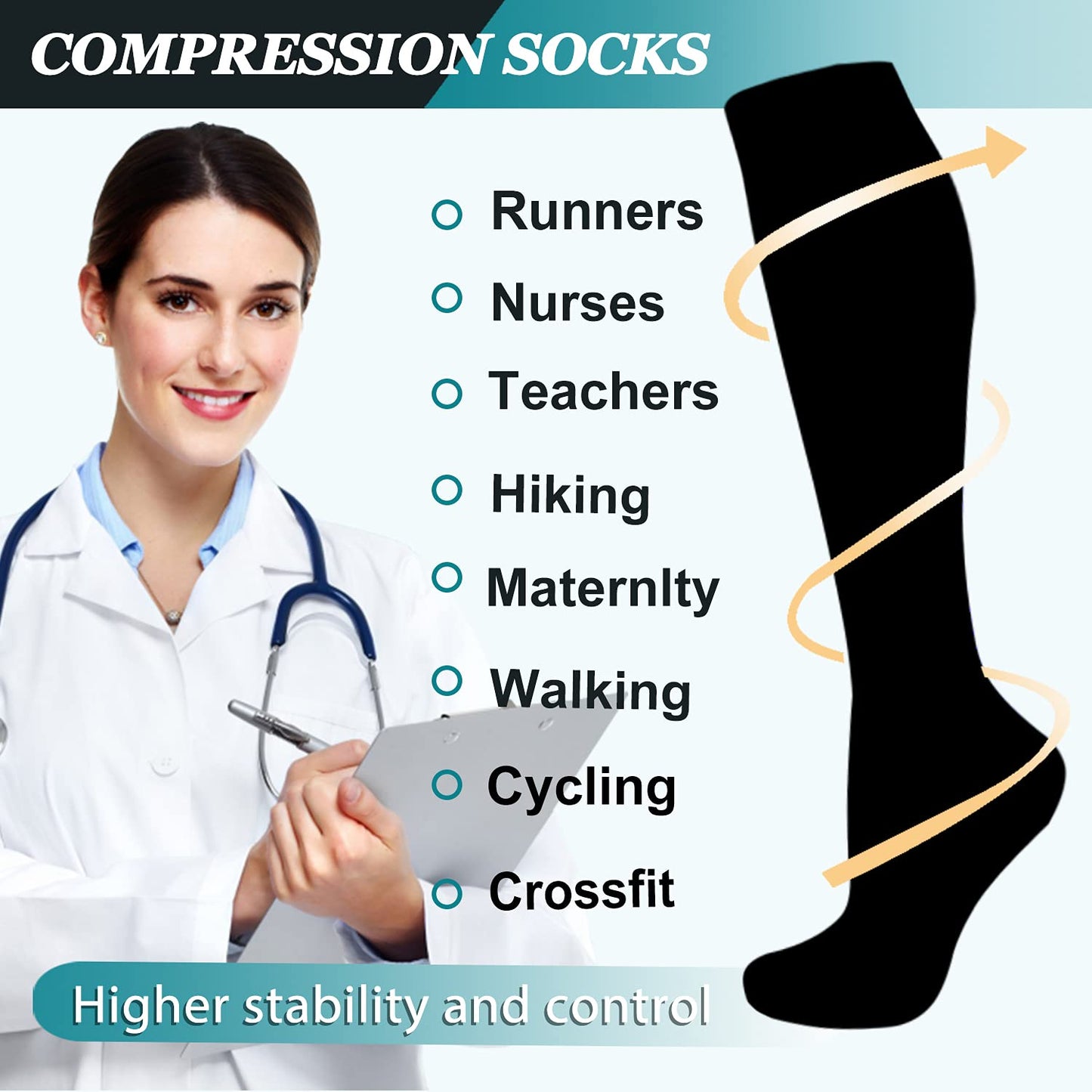 ACTINPUT 8 Pairs Compression Socks Women & Men Sz L/ XL 15-20mmHg  Black - Opticdeals