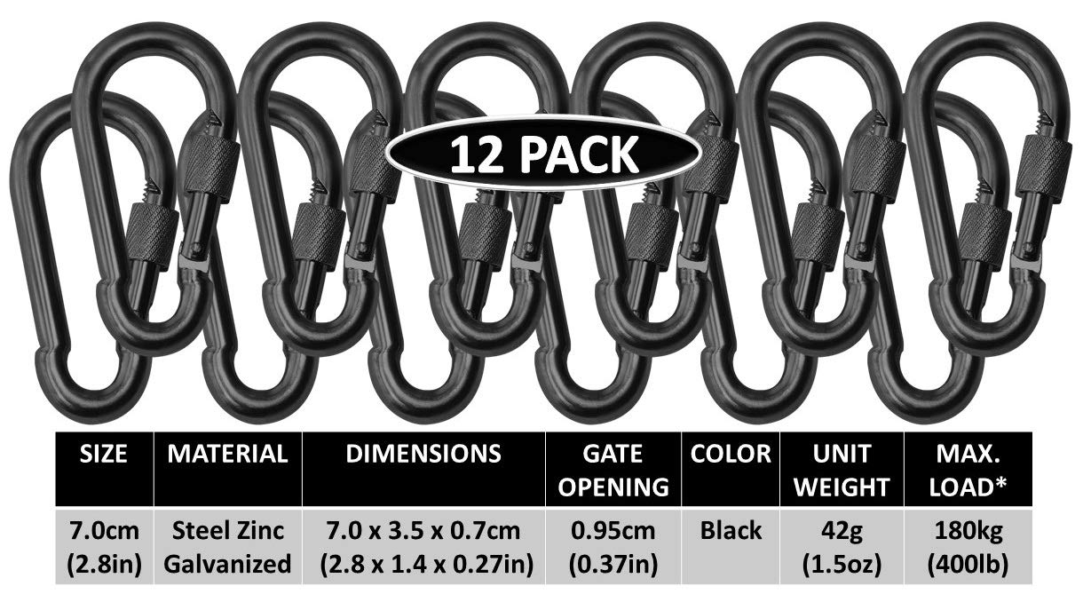 Branded Boards Black & Silver Heavy Duty Bushcraft Locking Thumb Screw Closure Zinc-Galvanized Steel Carabiner Spring Snap Clip Link Hooks 200-400lb Load. 6 & 12 Packs (7cm 12-Pack Black) - Opticdeals