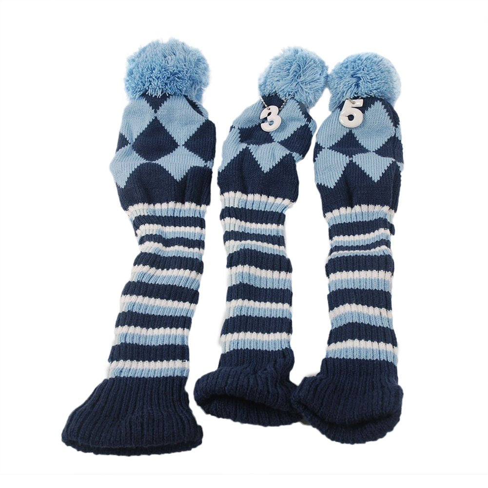 3pcs Golf Club Headcovers  Argyle Knit Head Covers Blue  Pom Pom Sock Covers - Opticdeals