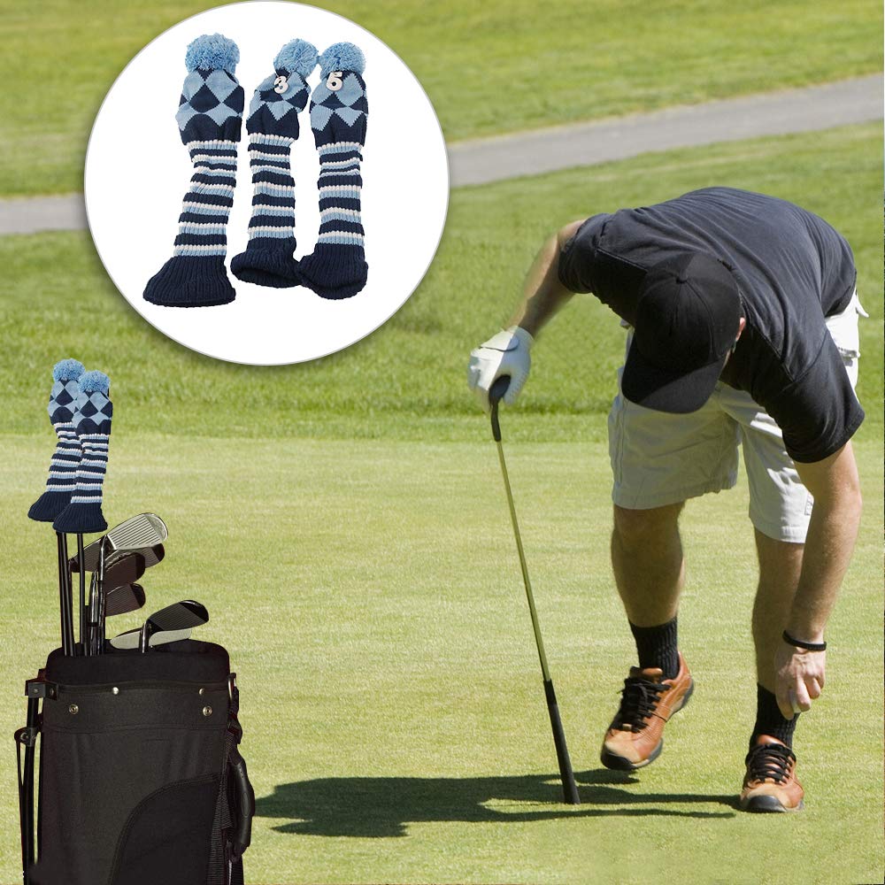 3pcs Golf Club Headcovers  Argyle Knit Head Covers Blue  Pom Pom Sock Covers - Opticdeals