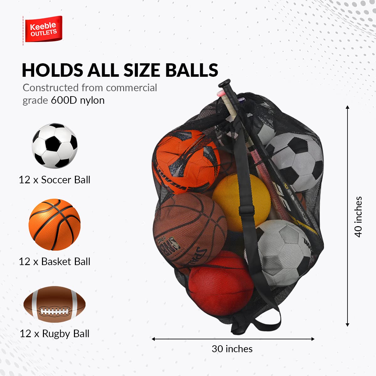 Keeble Outlets  Sports Ball Bag Mesh 30x40 Inches Outdoor Mesh Basketball Coaches Bag | Nylon with 600D Polyester Mesh Basketball Net Bag | Black Basketball Bags for Team Balls & Youth Training Equipment - Opticdeals