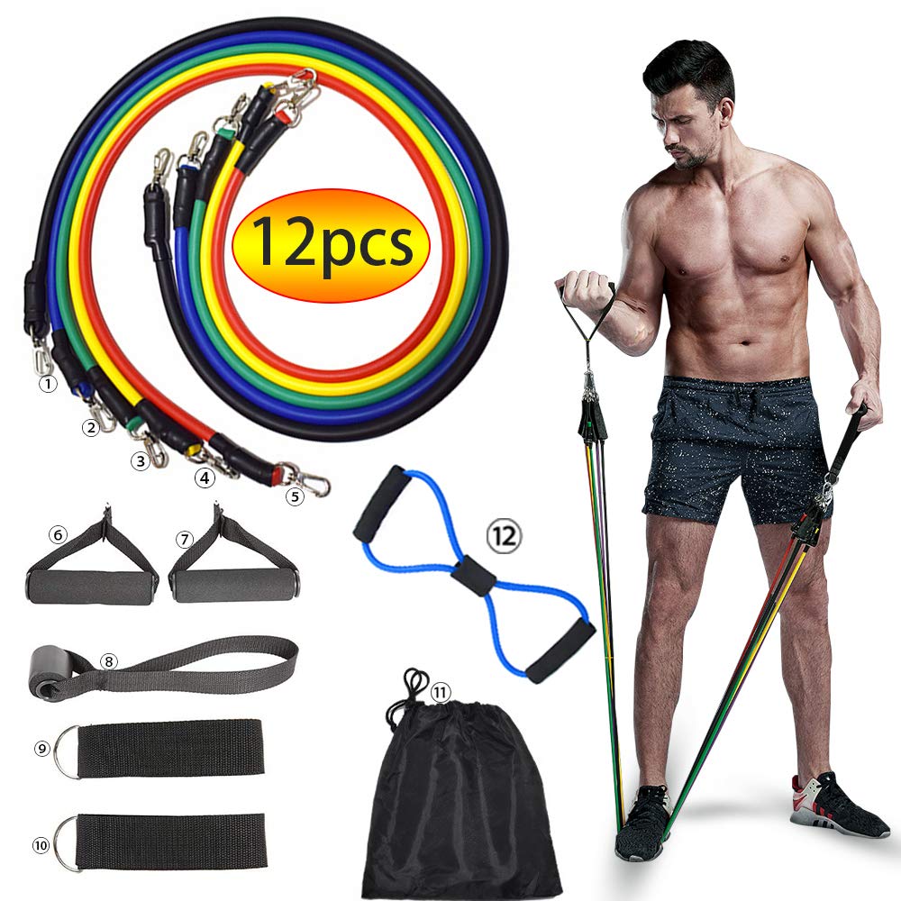 OTAN Resistance Bands Set 12-Pieces Packed Exercise Bands with Door Anchor, Handles, Waterproof Carry Bag, Legs Ankle Straps for Resistance Training, Physical Therapy, Home Workouts - Opticdeals