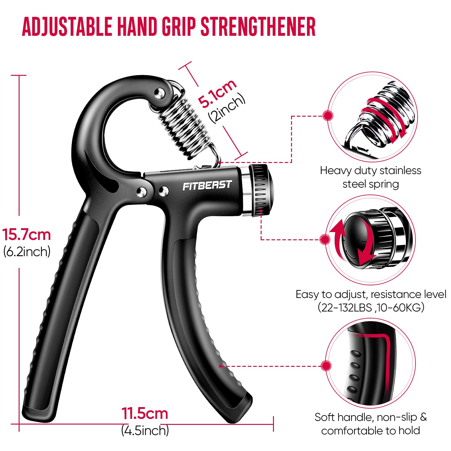 FitBeast Hand Grip Strengthener Workout Kit (5 Pack) Forearm Grip Adjustable Resistance Hand Gripper, Finger Exerciser, Finger Stretcher, Grip Ring & Stress Relief Grip Ball for Athletes - Opticdeals