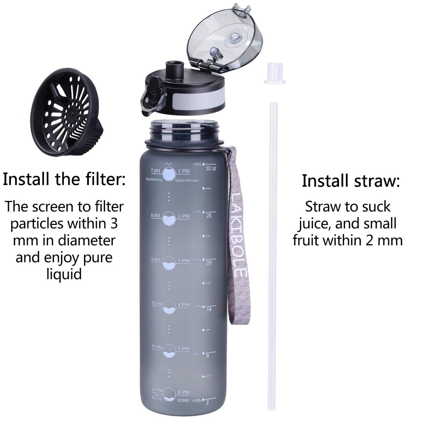 LAKIBOLE 32 oz Straw Water Bottle BPA Free with Time Marker, Gym Water Bottle with Straw for Fitness, Outdoor Enthusiasts, Leakproof & Durable - Gray - Opticdeals