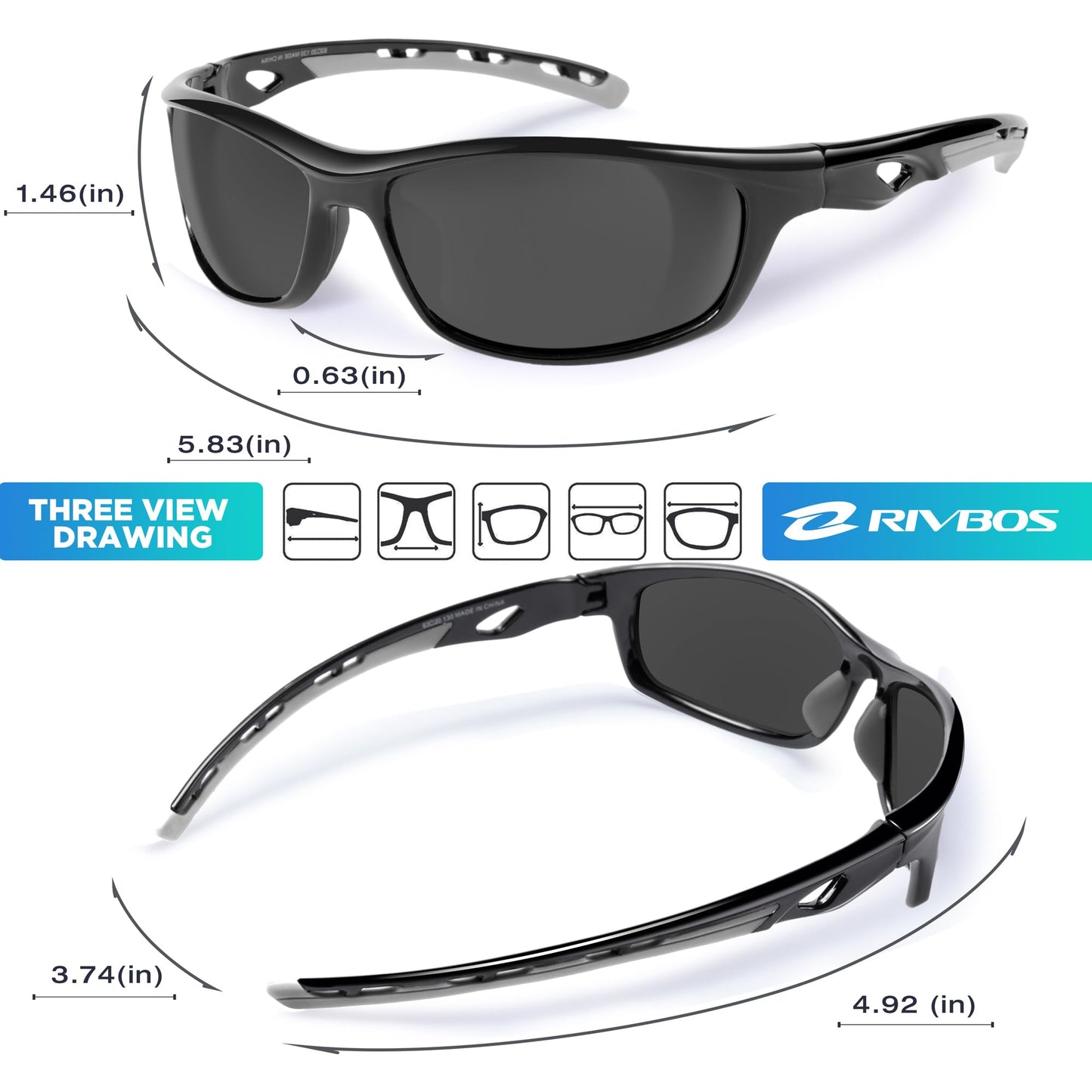 RIVBOS Polarized Sports Sunglasses UV Protection RB833-black& Grey - Opticdeals