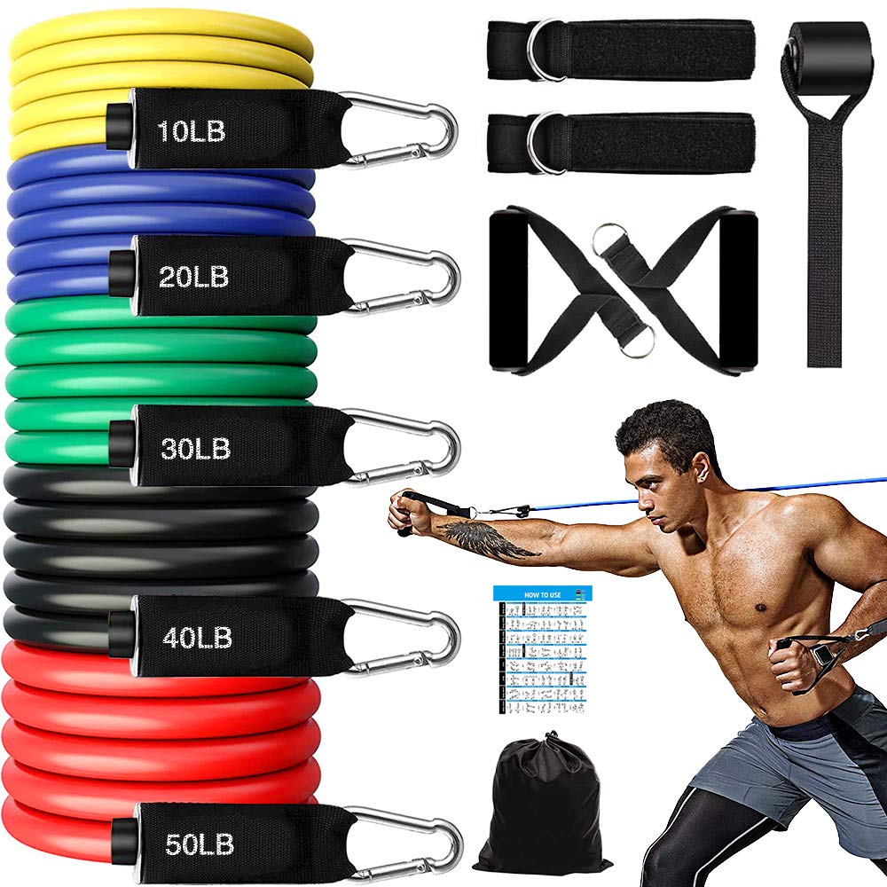 11PCS Exercise Resistance Bands with Handles Carry Bag  Anchor Up to 150lbs - Opticdeals