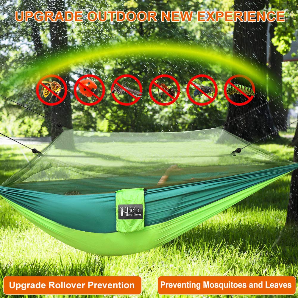 Hieha Camping Hammock with Mosquito Net, Portable Double/Single Travel Hammock w/Bug Insect Netting, Tree Straps & Carabiners for Outdoor Camping - Opticdeals