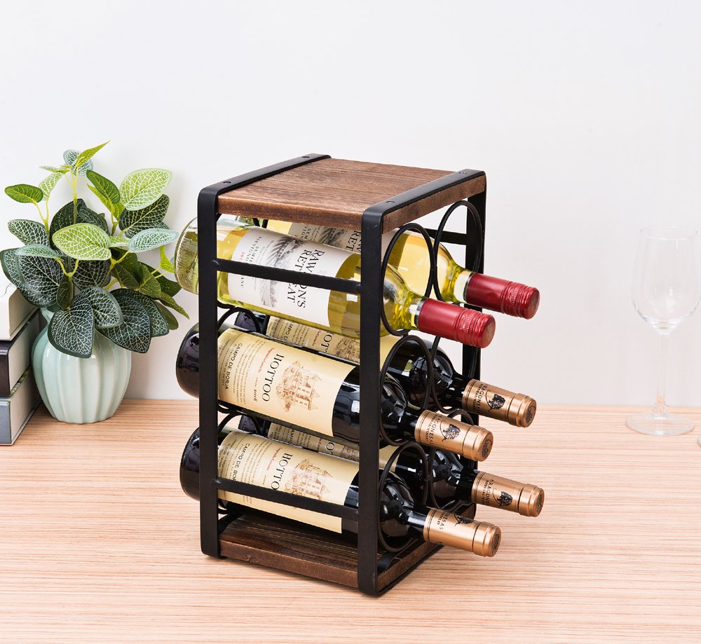 SODUKU Rustic Wood Countertop Wine Rack 6 Bottles No Need Assembly - Opticdeals