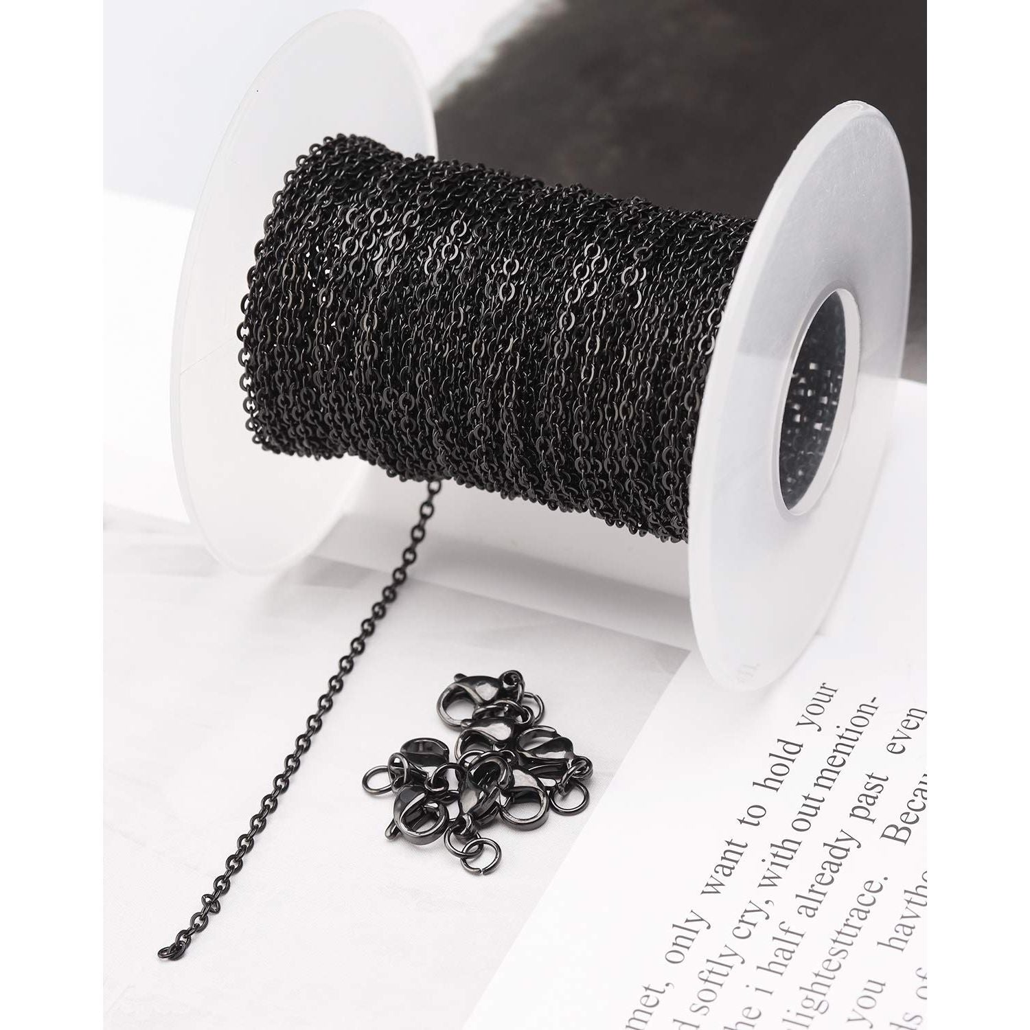 33 Feet Black Stainless Steel Flat Cable Chains Link Spool Bulk with 20 Lobster - Opticdeals