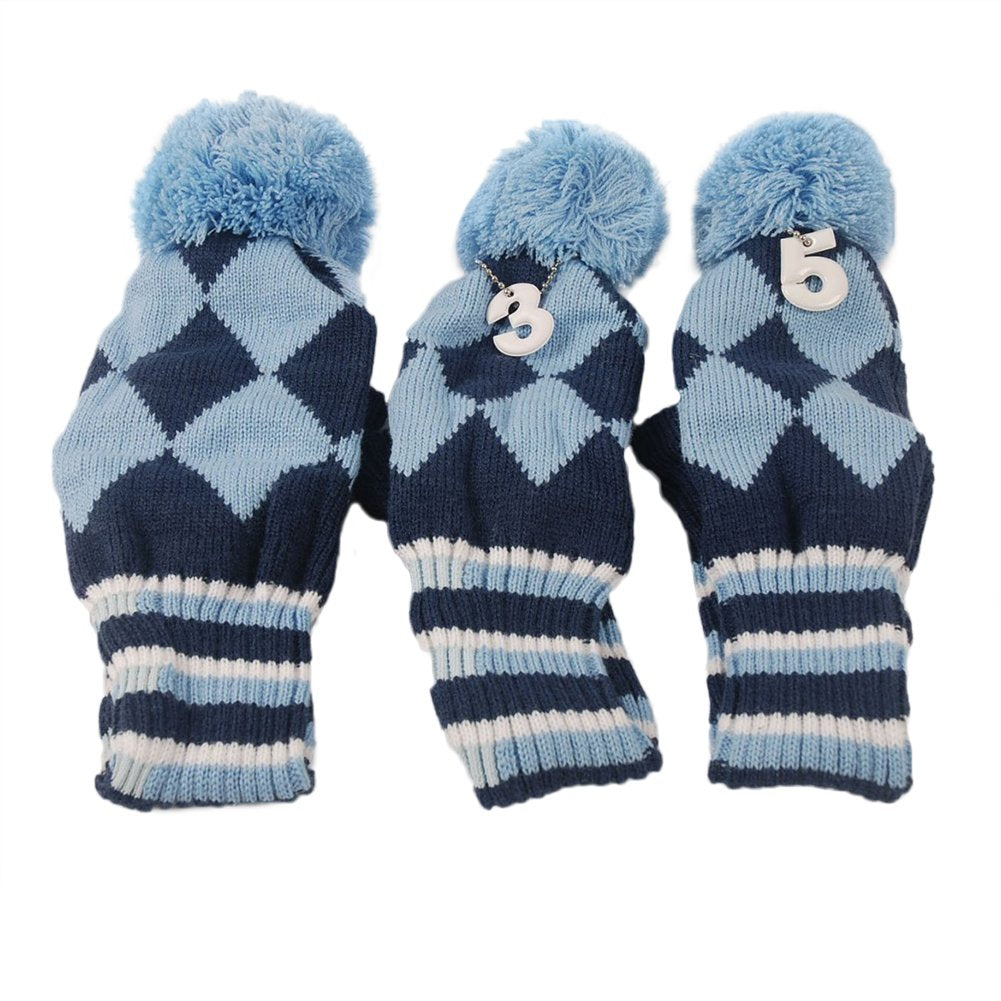 3pcs Golf Club Headcovers  Argyle Knit Head Covers Blue  Pom Pom Sock Covers - Opticdeals