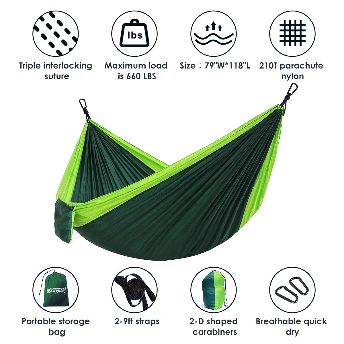 ACOWAY Hammock Camping Double, Hammock and Tree Straps, Travel Parachute Hammock Tree Straps Set of 2,Indoor Outdoor Double Hammock Backpacking for Travel, Beach, Backyard, Patio, Hiking,Green - Opticdeals