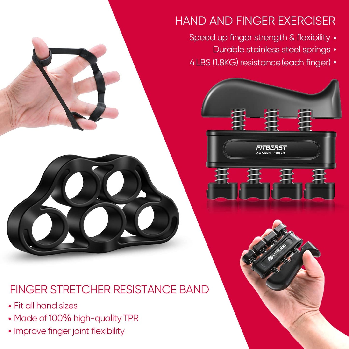 FitBeast Hand Grip Strengthener Workout Kit (5 Pack) Forearm Grip Adjustable Resistance Hand Gripper, Finger Exerciser, Finger Stretcher, Grip Ring & Stress Relief Grip Ball for Athletes - Opticdeals