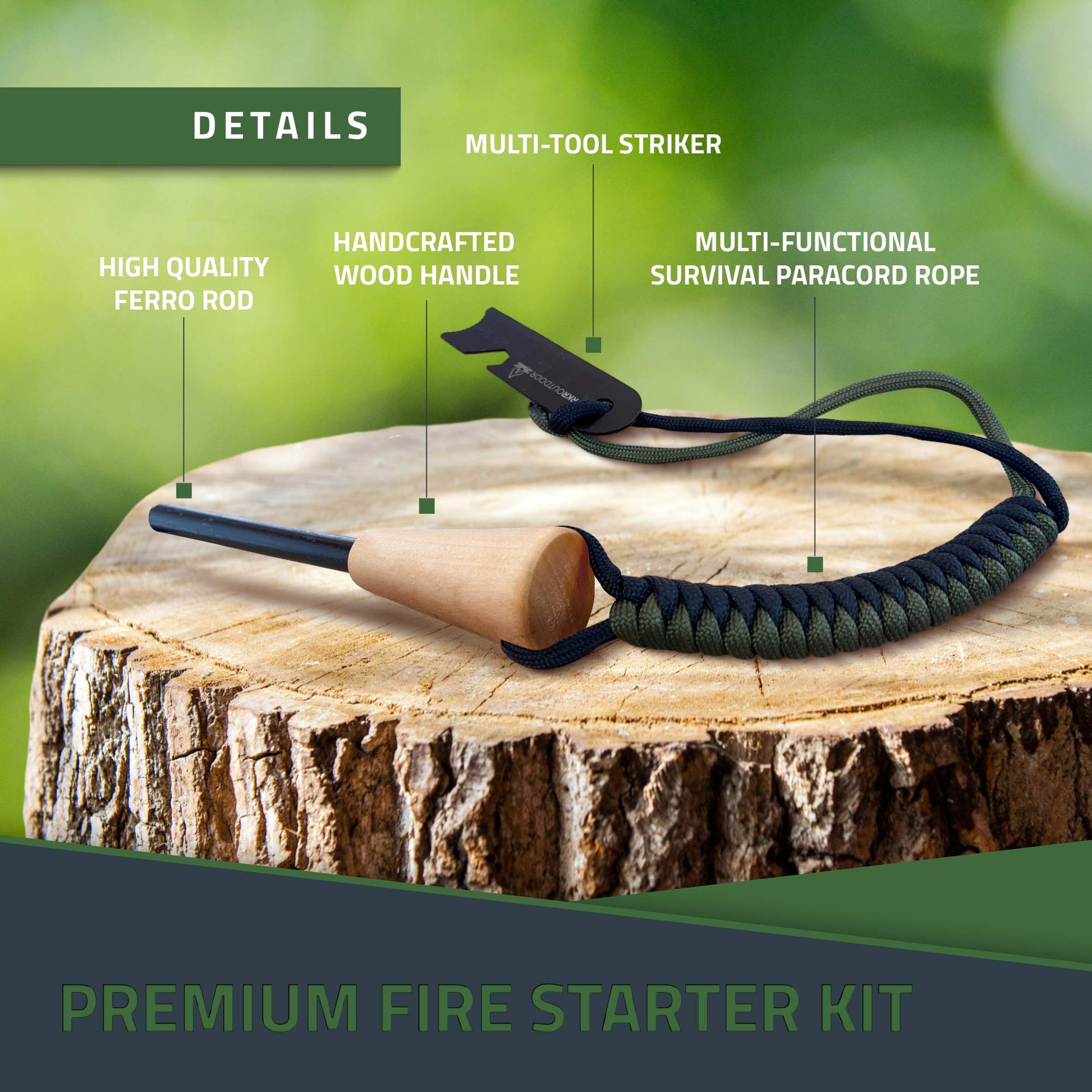 RKR OUTDOOR Ferro Rod Flint Fire Starter Kit with Handcrafted Wood Handle |5/16" - Opticdeals