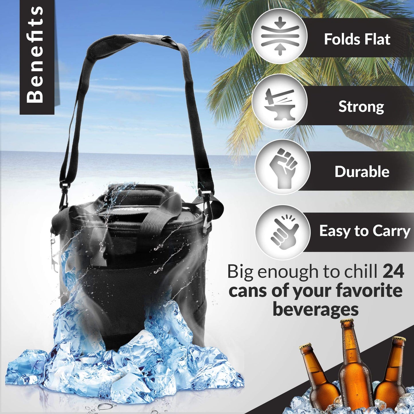 24 Can Pop Up Cooler Bag, Collapsible Insulated Tote with Shoulder Strap | Portable Heavy Duty Nylon Folding Ice Chest for Hiking, Camping, Travel, Picnic, BBQ | Window Flap & Bottle Opener (Black) - Opticdeals