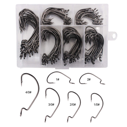 120PCS Worm Fishing Hooks High Carbon Steel Wide Gap JIG Hooks for Saltwater Freshwater with Plastic Box Packaging 2# 1# 1/0# 2/0# 3/0# 4/0# Total 6 Size (Black) - Opticdeals