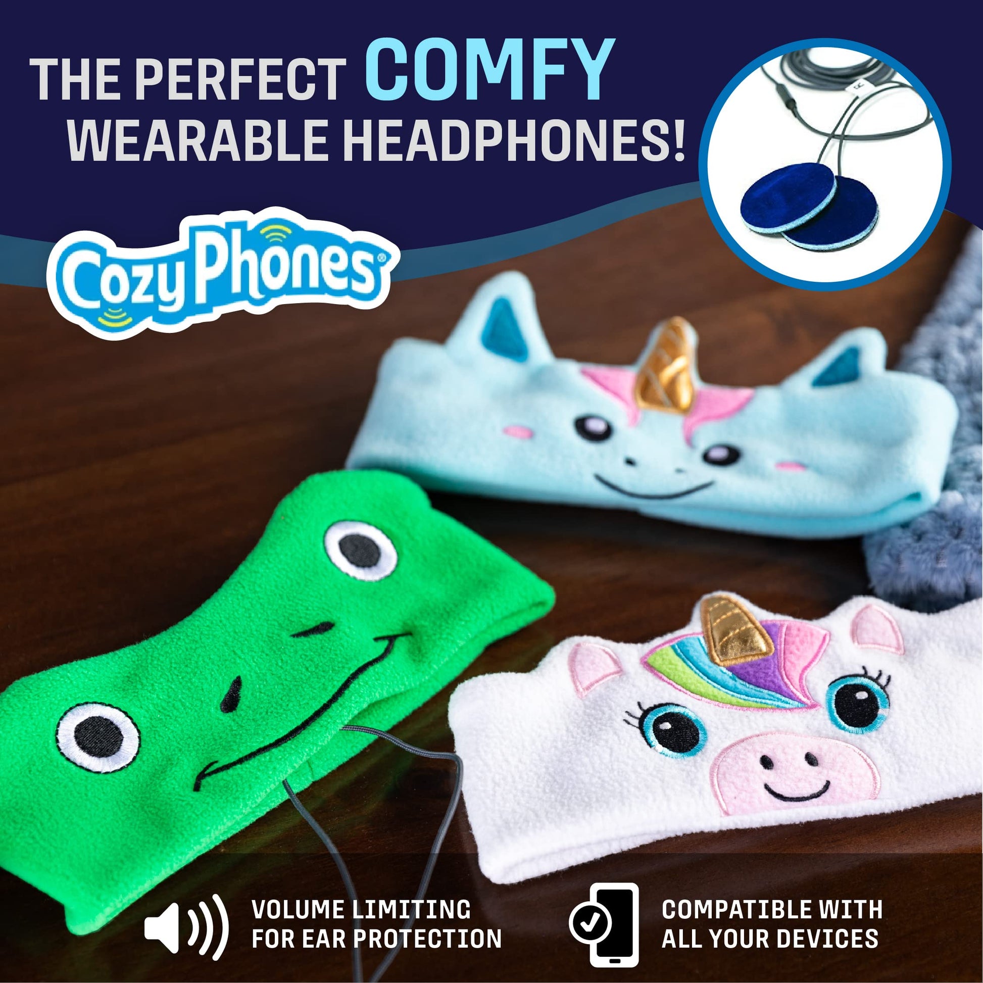 CozyPhones Over The Ear Headband Headphones - Kids Headphones Volume Limited with Thin Speakers & Super Soft Stretchy Headband - Green Frog - Opticdeals