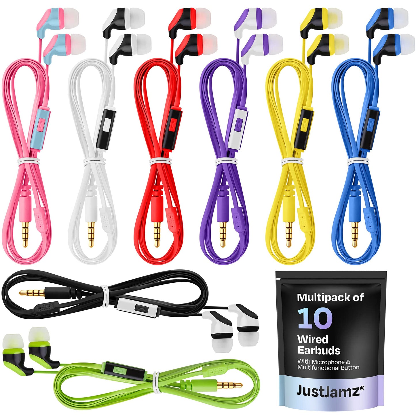 10x Multipack | Earbuds with Microphone, for Schools, Classroom, Libraries, Museums, etc., Wired in-Ear Earphones with Mic for Kids, Teenagers & Adults, Affordable Bulk Headphones - Opticdeals