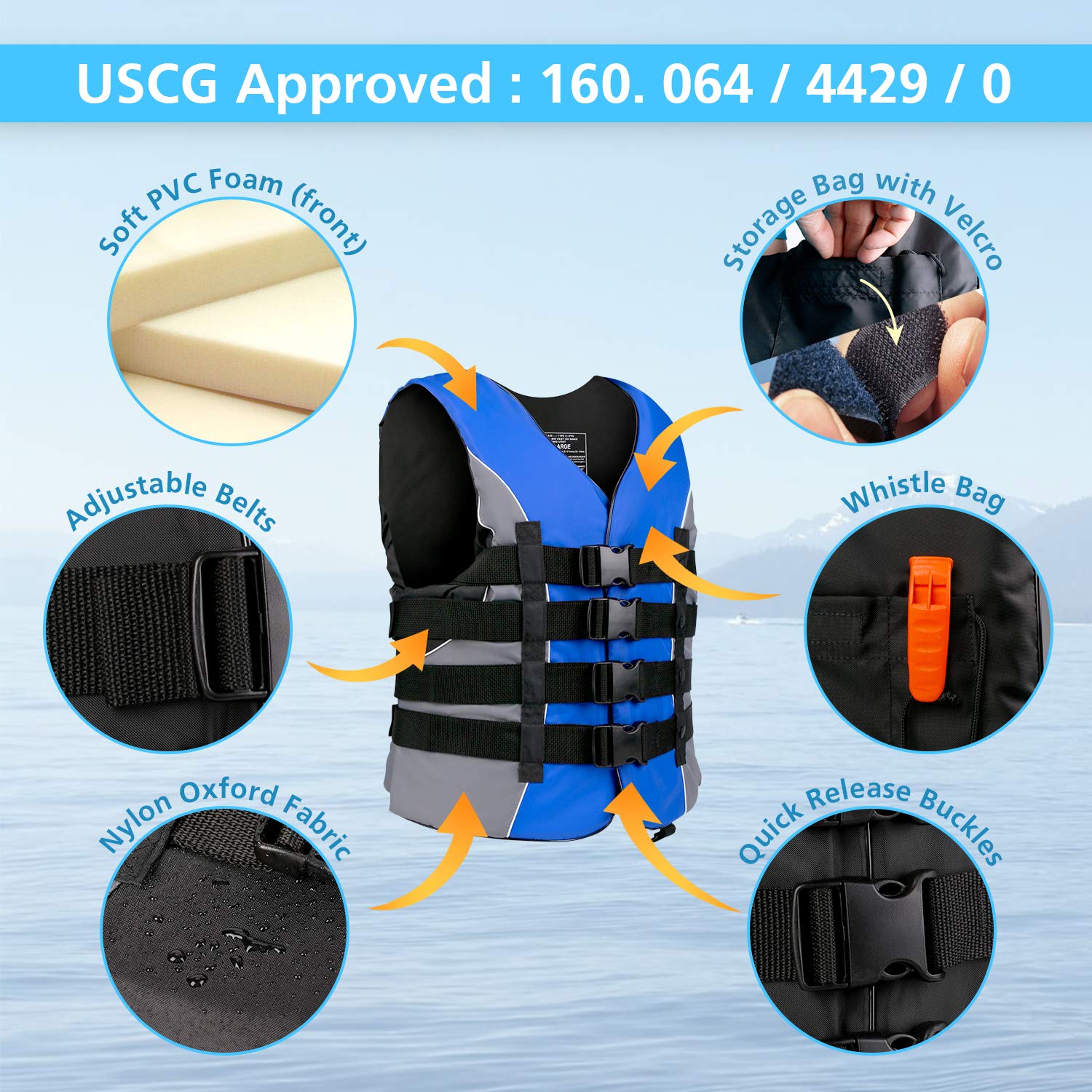 XGEAR Adult USCG Life Jacket Vest Water Sports (Blue, XXL) - Opticdeals