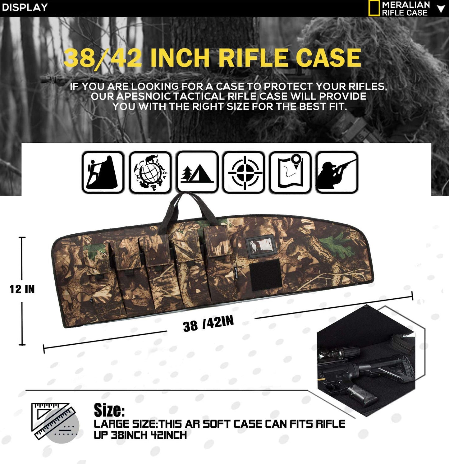 MERALIAN 38/42 Inch Rifle Case Camo Soft Bag with Multiple Magazine Holder - Opticdeals