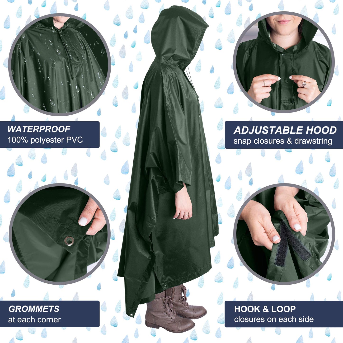 Heavy Duty Rain Poncho for Backpacking, Waterproof Lightweight for Adults, Military, Emergency, Camping, Men, Women (Adult-Green) - Opticdeals