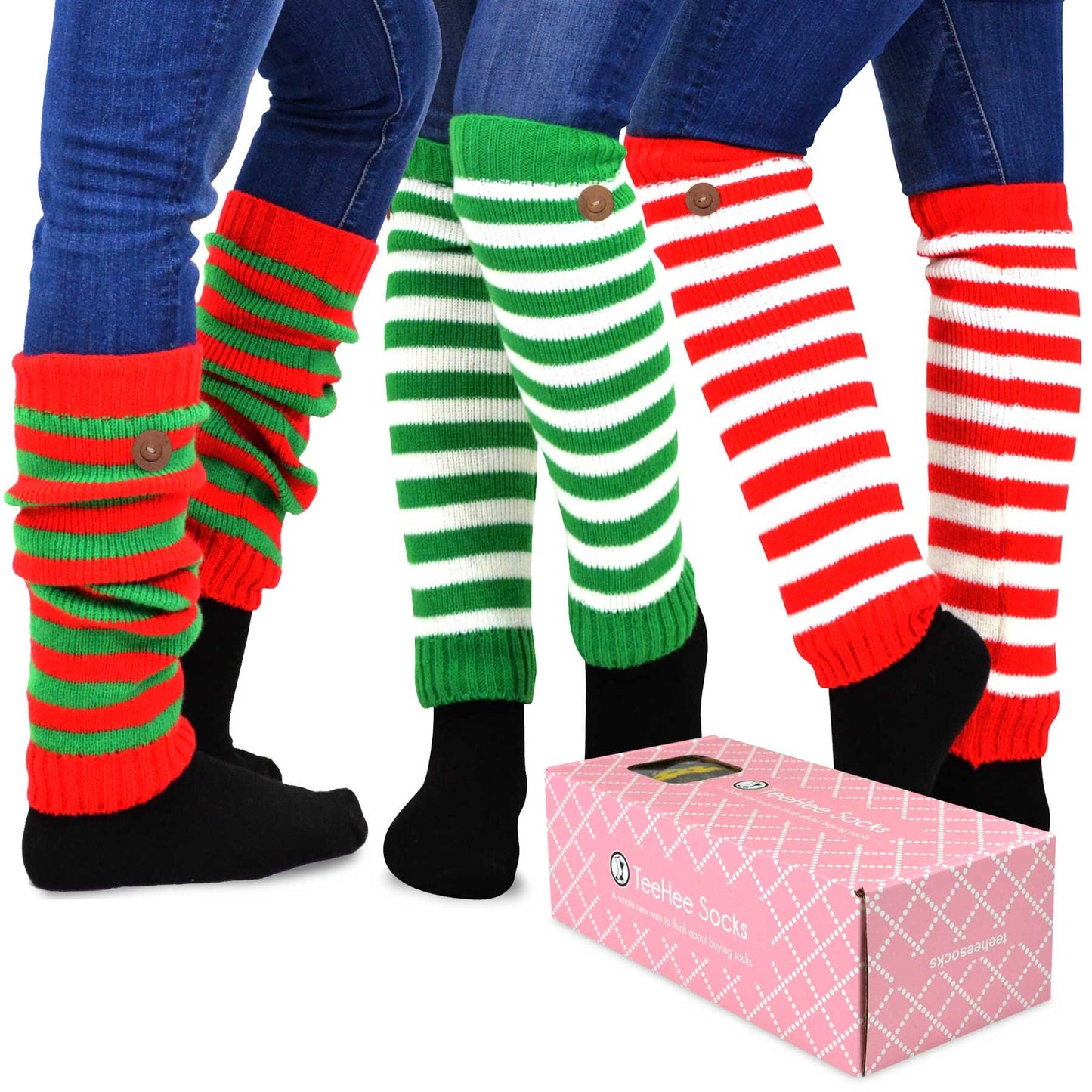 TeeHee Cute Christmas Holiday Winter Leg warmers with Button for Women 3pairs - Opticdeals