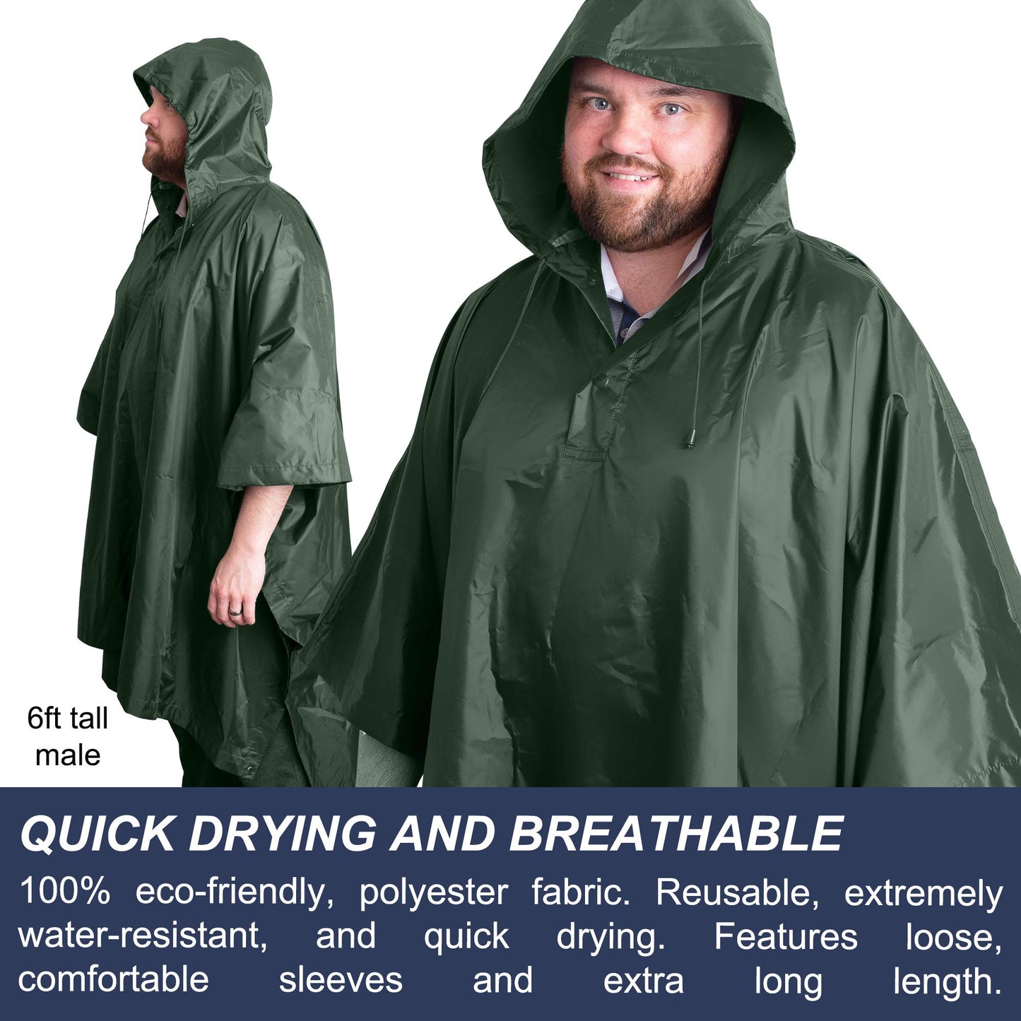 Heavy Duty Rain Poncho for Backpacking, Waterproof Lightweight for Adults, Military, Emergency, Camping, Men, Women (Adult-Green) - Opticdeals