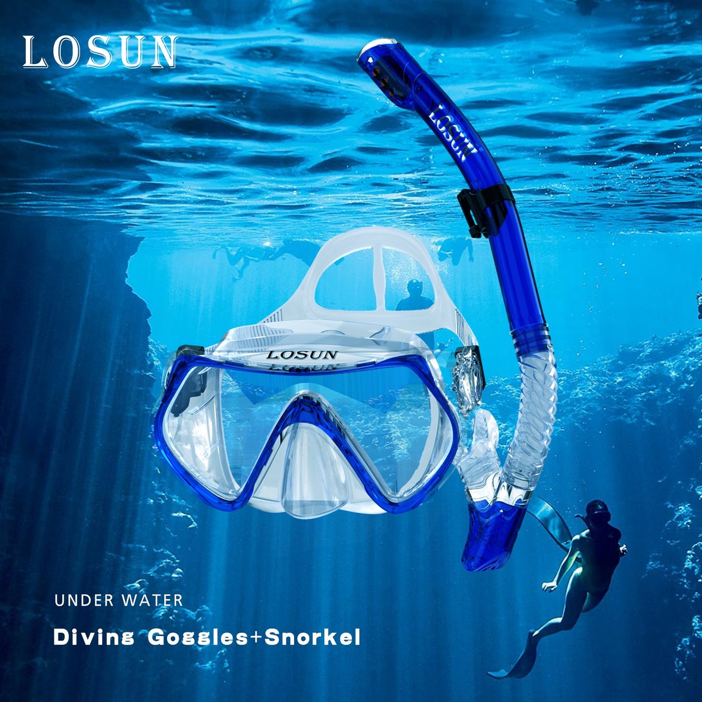 Losun Snorkel Set Anti-Fog & Impact Resistant Tempered Glass Diving Swimming Goggles Mask Dry Snorkel Tube Set for Adult with 2 Mouthpieces - Opticdeals