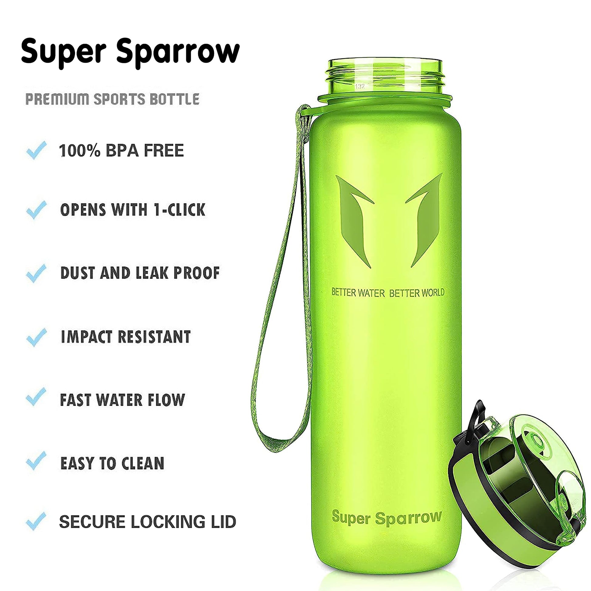 Super Sparrow Water Bottle - 12 oz  Green BPA & Toxic Free Tritan Water Bottles - One Touch Opening - Leak-proof Plastic Bottle - Kids Water Bottle for Office, Gym, Outdoor, Sports - Opticdeals