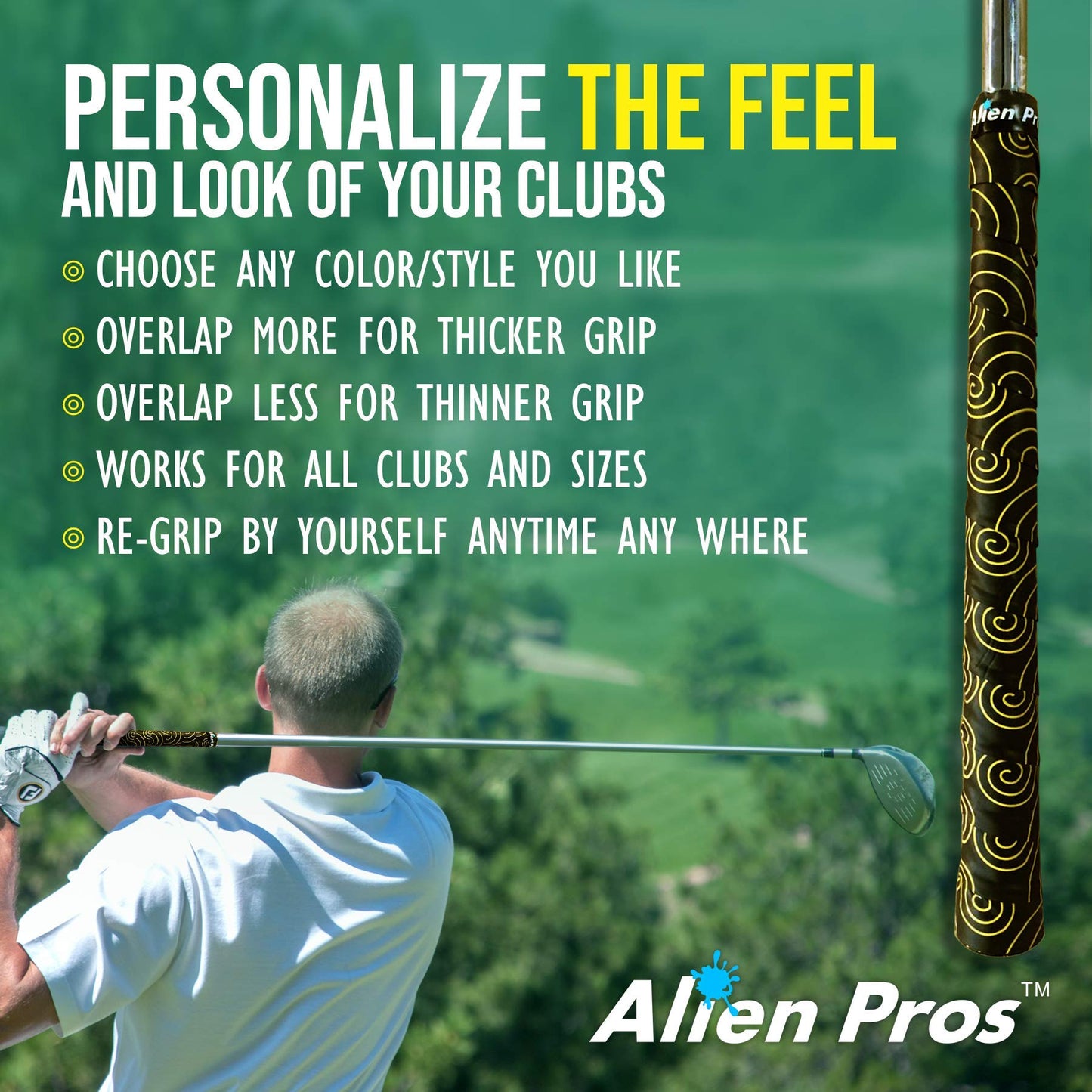 ALIEN PROS Golf Grip Wrapping Tapes (24-Pack) - Innovative Golf Club Grip Solution - Enjoy a Fresh New Grip Feel in Less Than 1 Minute (24-Pack, Black Puzzles) - Opticdeals