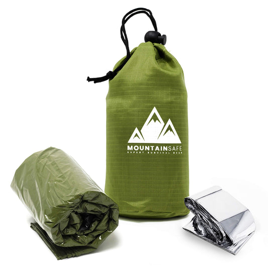 MountainSafe Emergency Tactical Thermal Waterproof Bivy Sack Sleeping Bag + Bonus Mylar Survival Blanket - Superior Ultralight Reflective Expert Survival Gear for Outdoor Hiking, Survival First Aid - Opticdeals