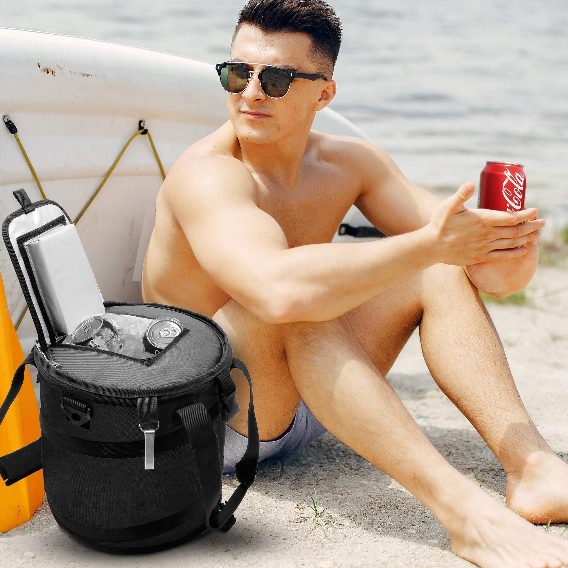 24 Can Pop Up Cooler Bag, Collapsible Insulated Tote with Shoulder Strap | Portable Heavy Duty Nylon Folding Ice Chest for Hiking, Camping, Travel, Picnic, BBQ | Window Flap & Bottle Opener (Black) - Opticdeals