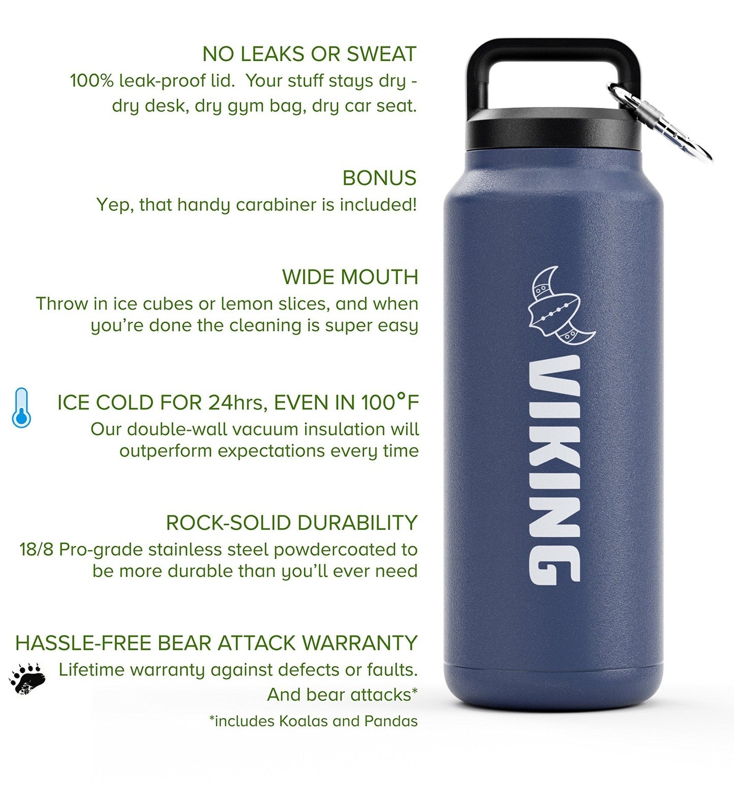 Viking Vacuum Insulated Premium Stainless Steel Water Bottle 36oz w/Free - Opticdeals