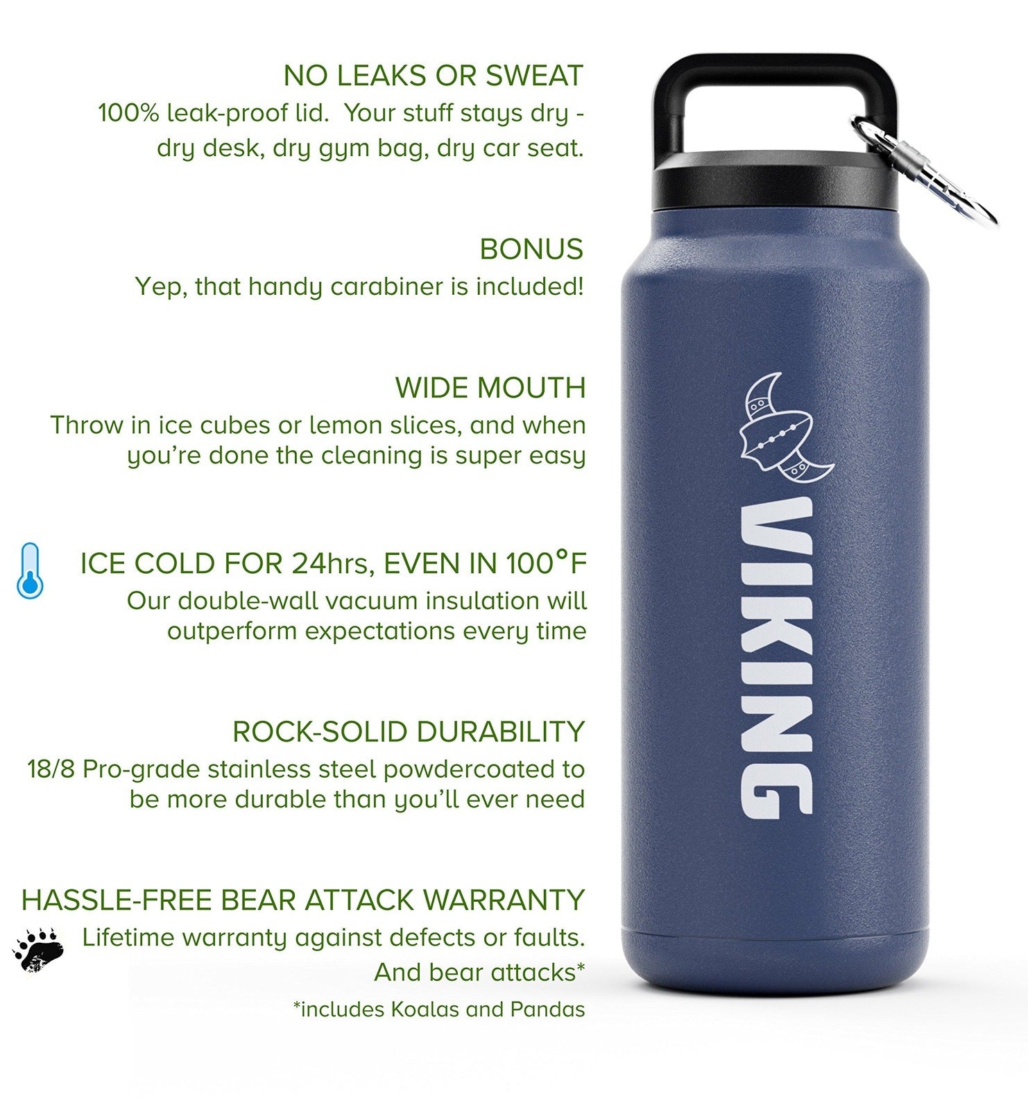 Viking Vacuum Insulated Premium Stainless Steel Water Bottle 36oz w/Free - Opticdeals