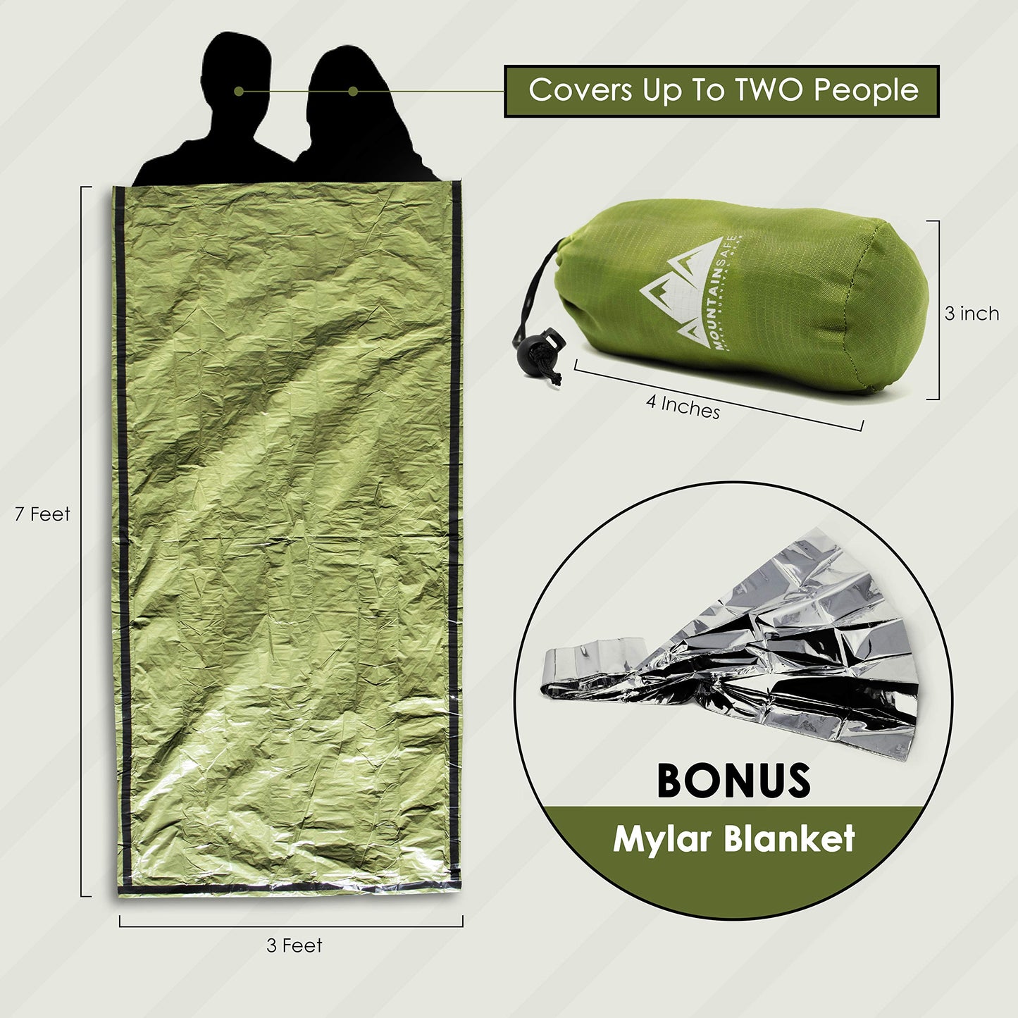 MountainSafe Emergency Tactical Thermal Waterproof Bivy Sack Sleeping Bag + Bonus Mylar Survival Blanket - Superior Ultralight Reflective Expert Survival Gear for Outdoor Hiking, Survival First Aid - Opticdeals