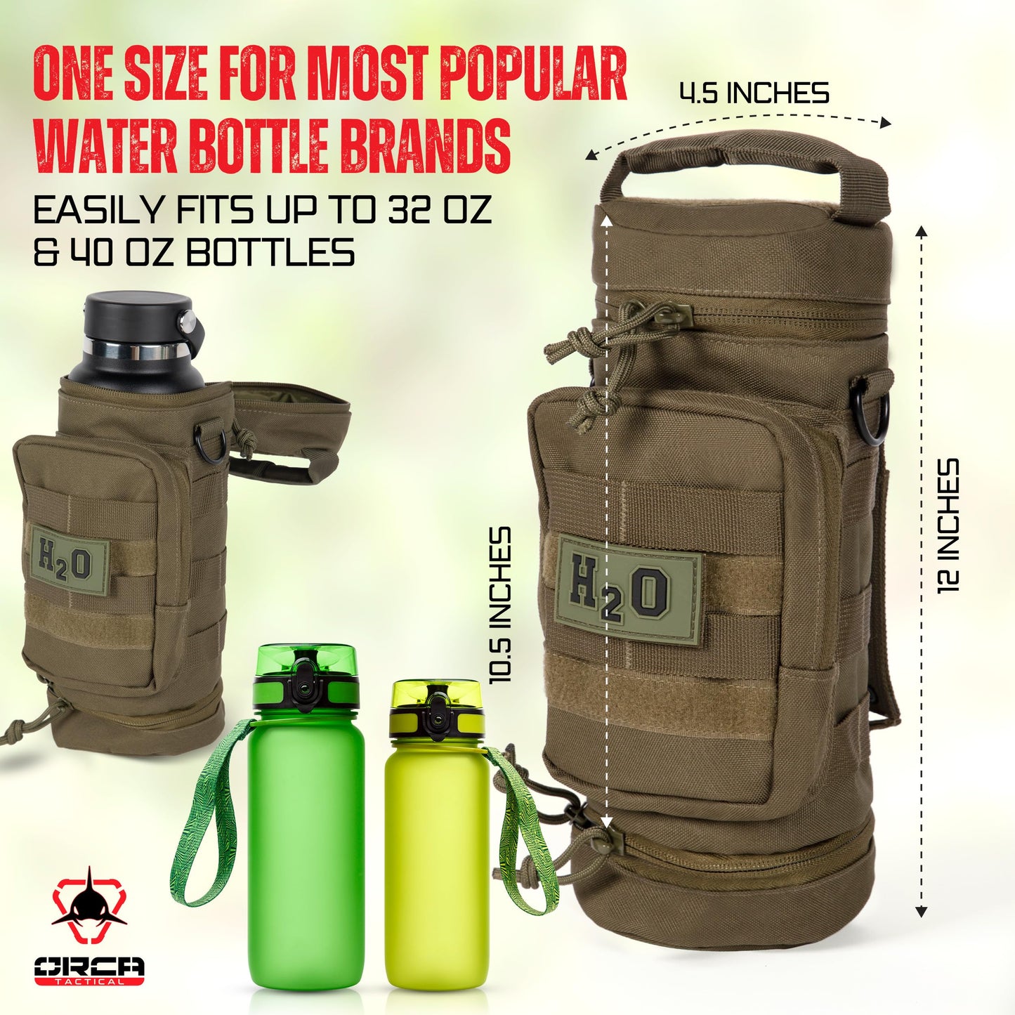 Orca Tactical Molle Water Bottle Pouch - Molle Water Bottle Holder with Strap - Water Bottle Carrier with Multiple Storage Options (OD Green) - Opticdeals