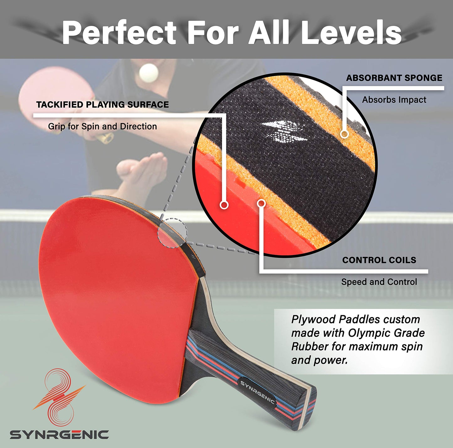 Synrgenic Table Tennis Paddle Set - 4 Professional Ping Pong Rackets, 8 Professional ITTF Game Balls, and Portable Cover Bag - Ergonomic Wooden Bats for Powerful Speed and Spin - Opticdeals