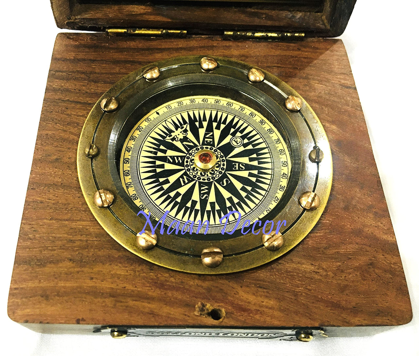 Antique Brass Wood Box Compass with Clock Maritime Antique - Opticdeals