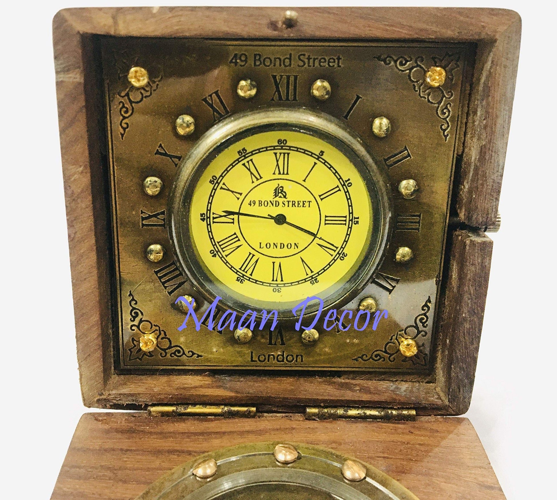 Antique Brass Wood Box Compass with Clock Maritime Antique - Opticdeals