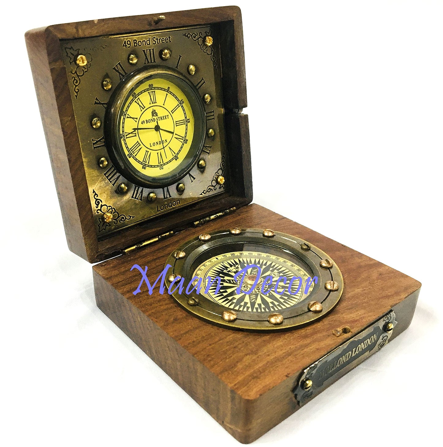 Antique Brass Wood Box Compass with Clock Maritime Antique - Opticdeals