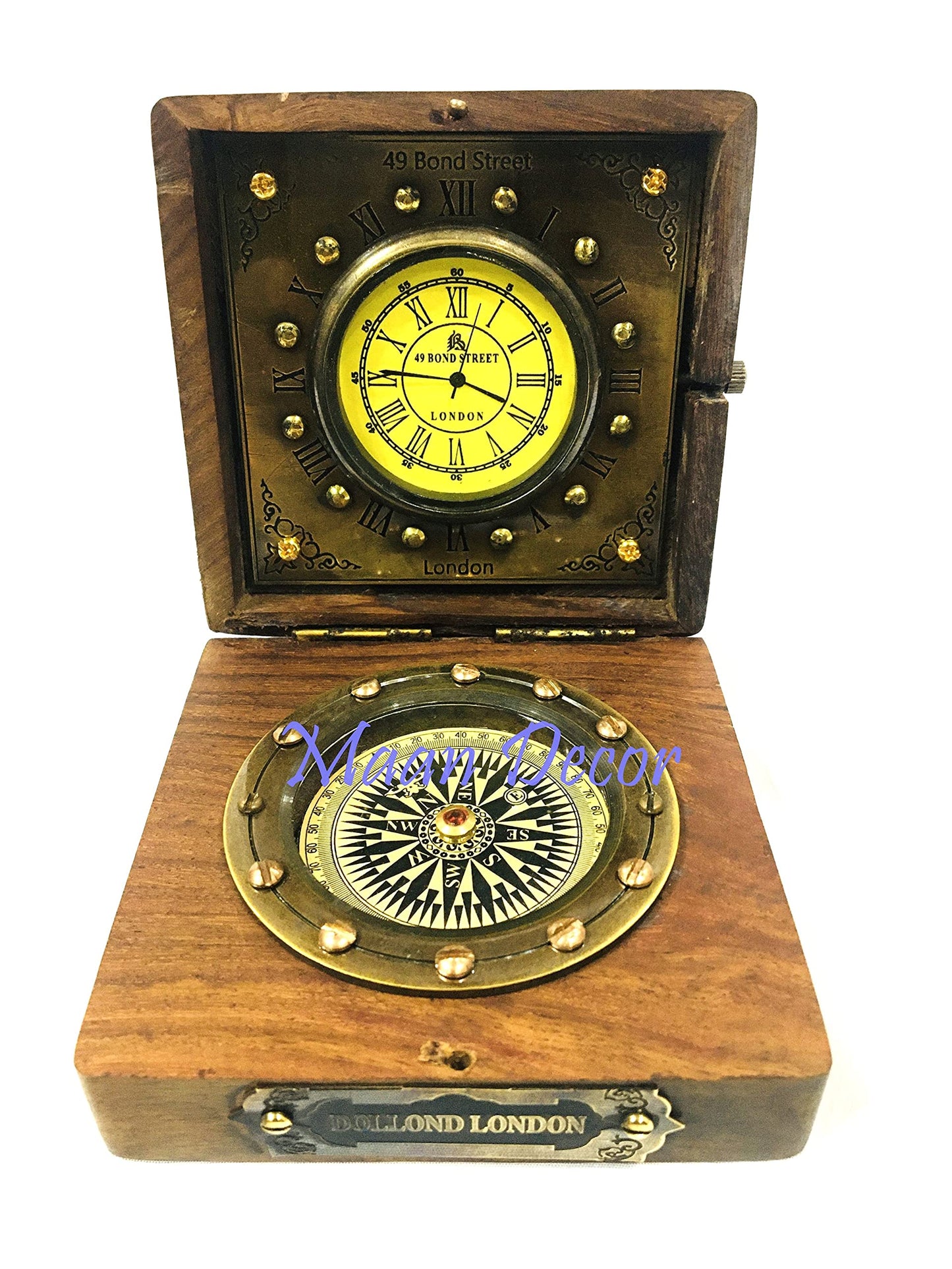 Antique Brass Wood Box Compass with Clock Maritime Antique - Opticdeals