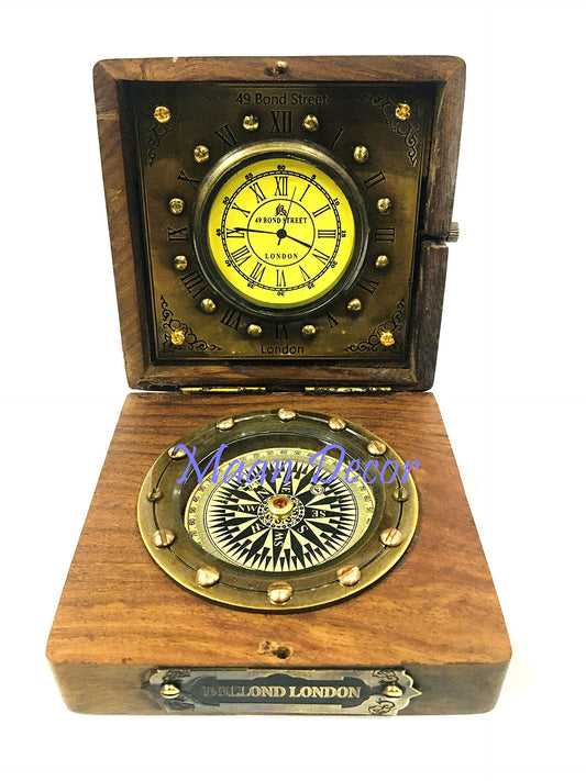 Antique Brass Wood Box Compass with Clock Maritime Antique - Opticdeals