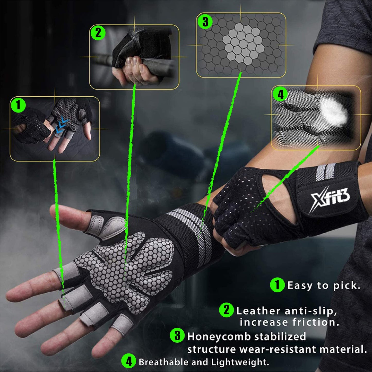 XFIT3 Weight Lifting Gloves (Black, XL)Workout Gloves - Opticdeals